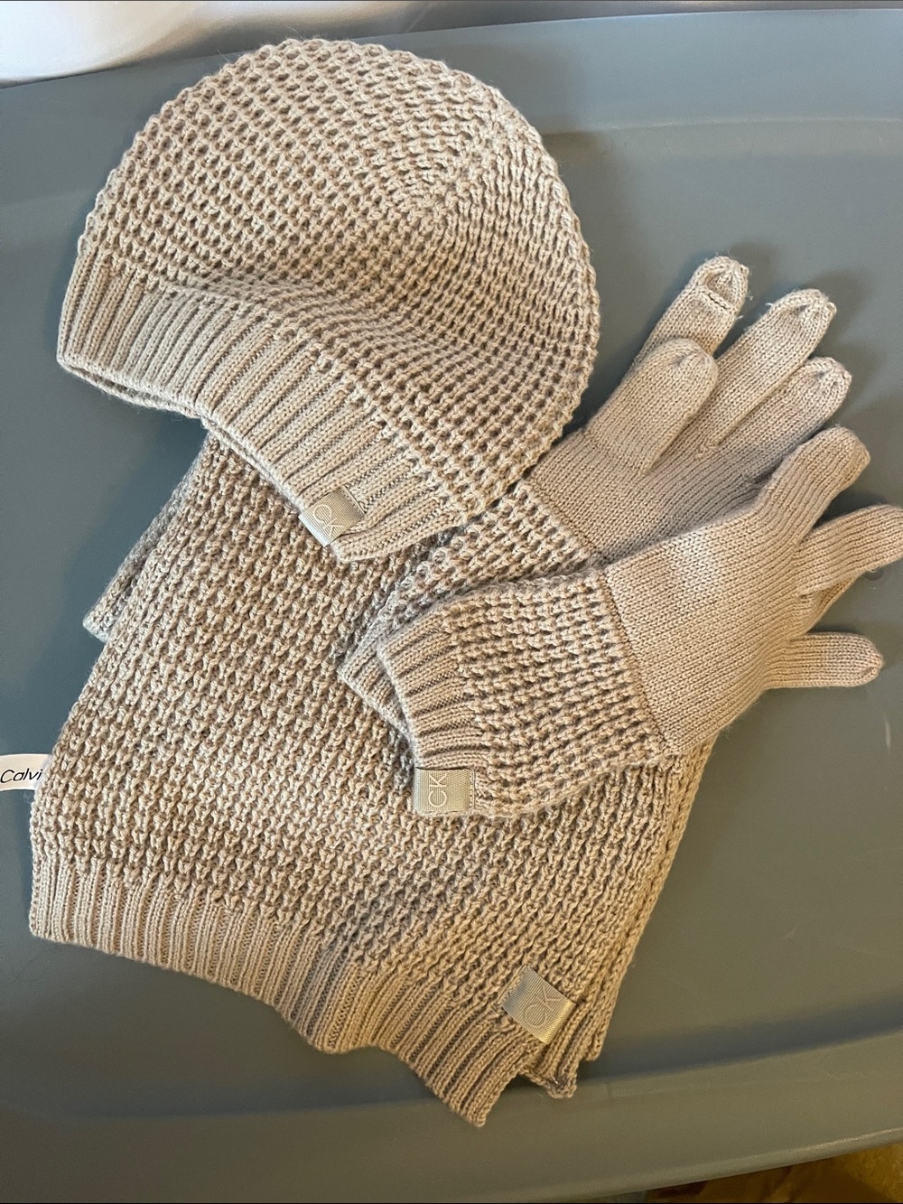 Calvin Klein Taupe Knit Beanie, Scarf & Glove Set